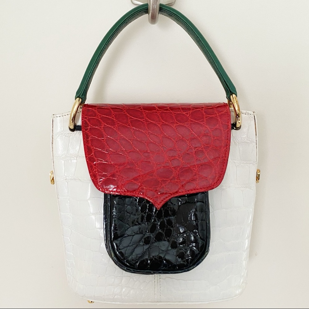 Lana Marks London Tri-Color Mini Alligator Top Handle Crossbody Bucket Bag Italy